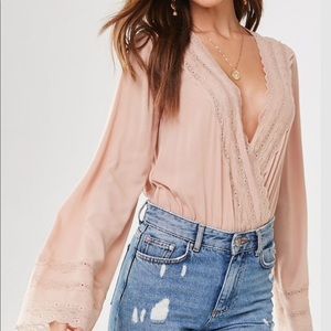 Sexy tan bell sleeve body suit